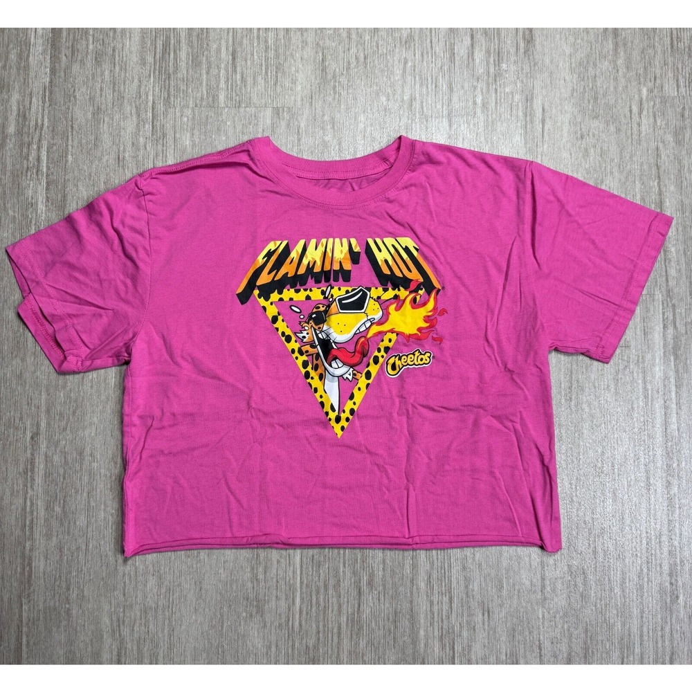 Cheetos Flamin Hot Tee Shirt Womens L Cropped Pink Short Sleeve Frito Lay Foodie